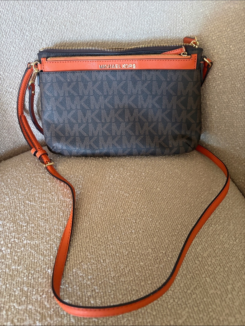 Michael Kors Brown MK Logo Crossbody with Orange Trim